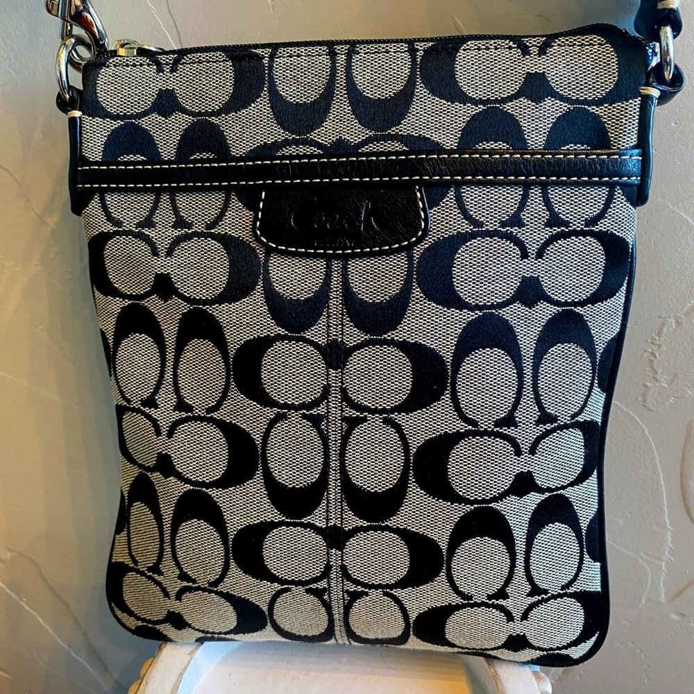 Coach Signature Black And Silver Canvas Adjustable Black Strap